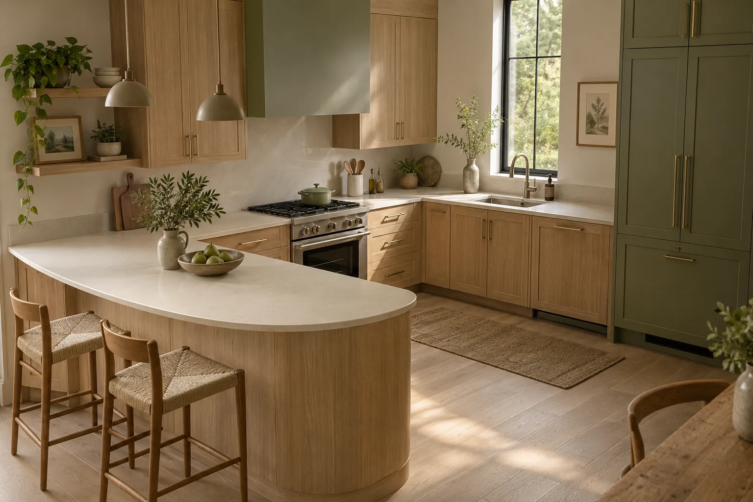 Pale oak kitchen with green wall cabinets and a curved wood island