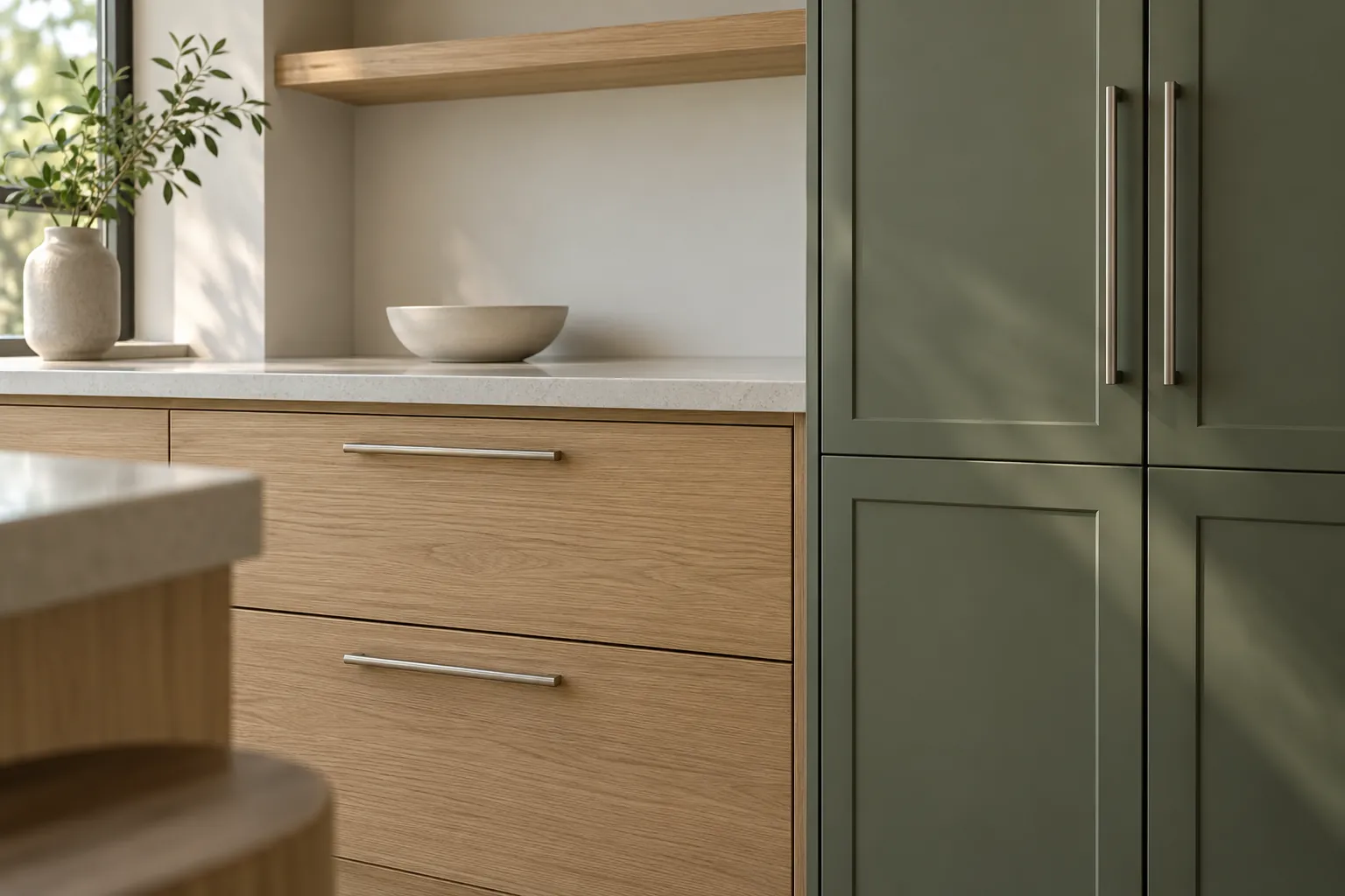 Close view of curved pale wood island drawers and green cabinet doors