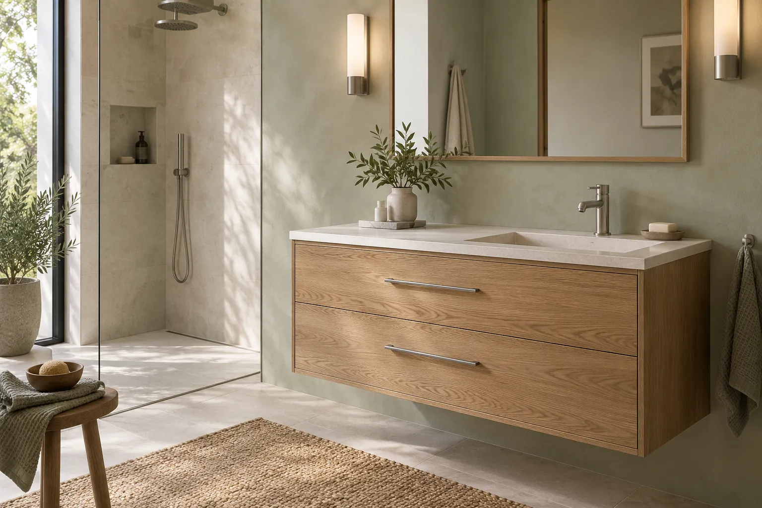 Floating pale wood vanity with a shallow basin beneath a large mirror